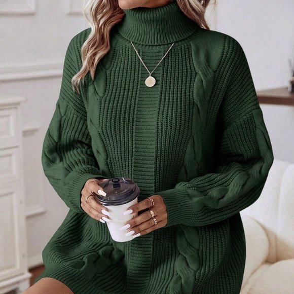 . Dresses & Skirts - Green Casual Womens Turtleneck Cable Knit Drop Shoulder Sweater Dress